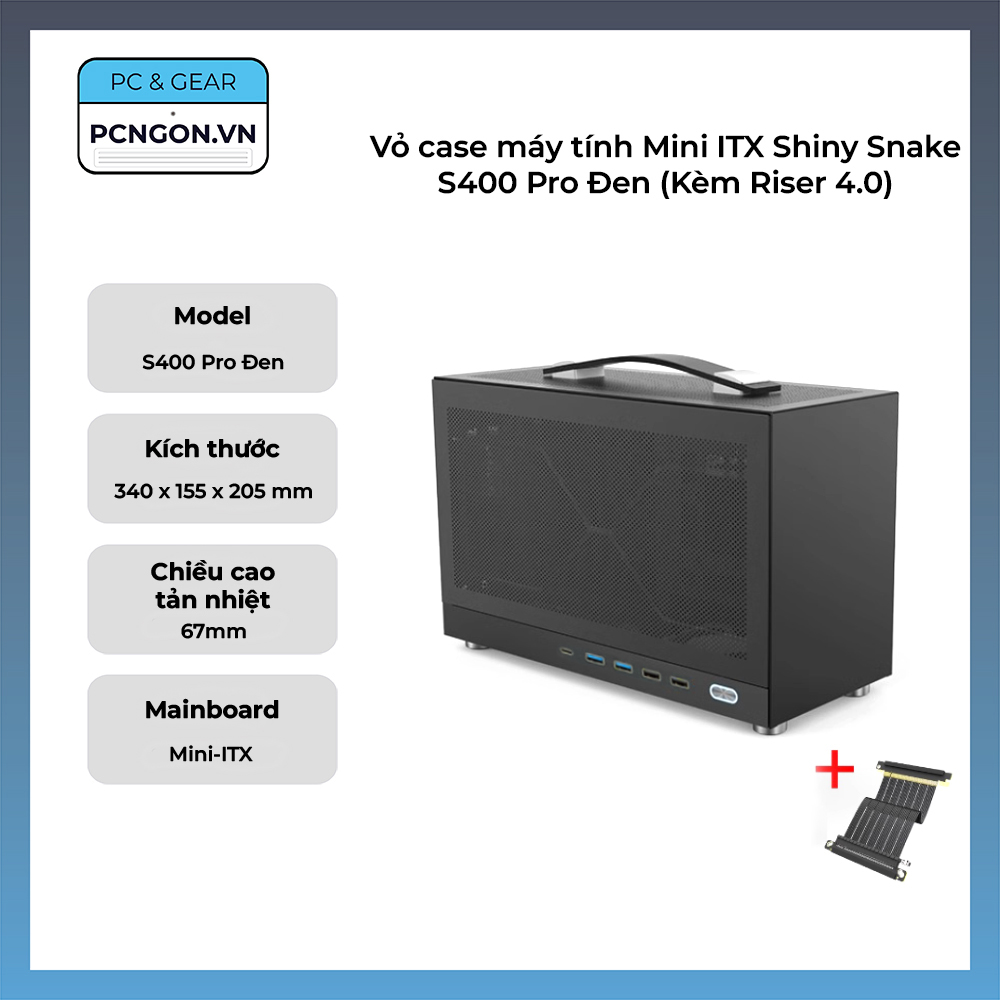 Vỏ case máy tính Mini ITX Shiny Snake S400 Pro Đen (Kèm Riser 4.0)